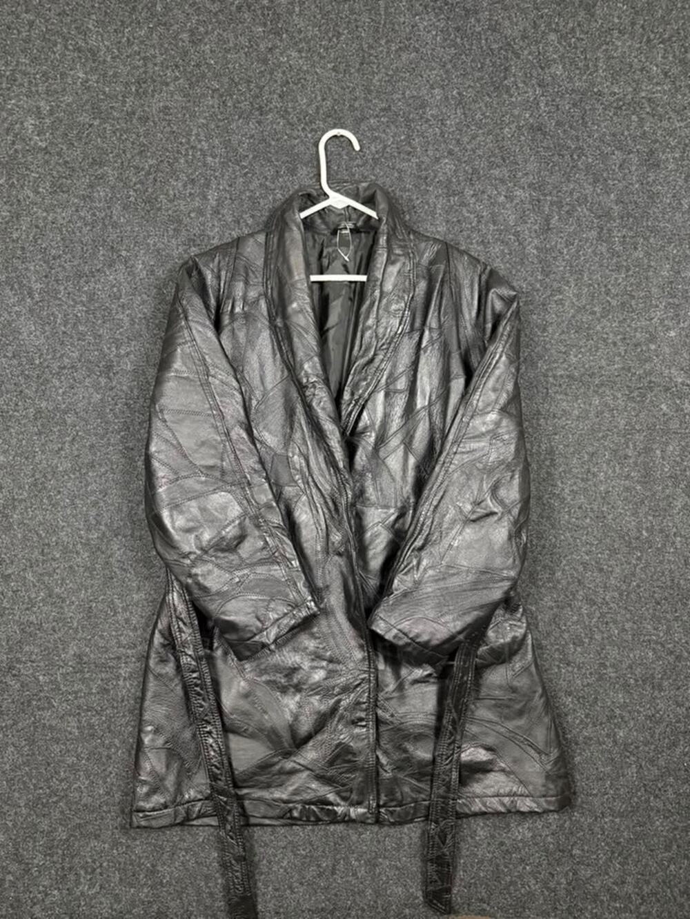 Genuine Leather Patchwork Belted Jacket Women's Black Size L